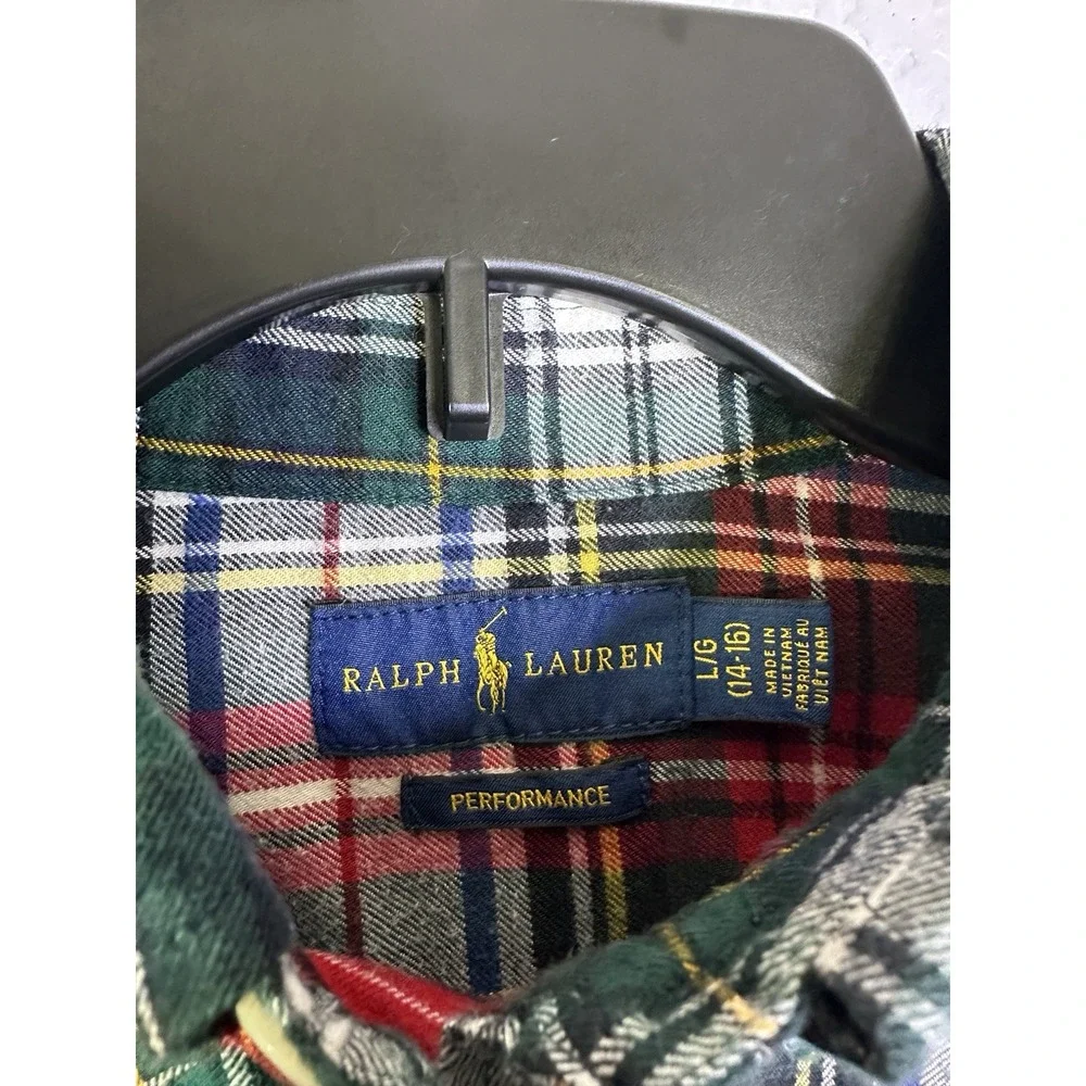 Ralph Lauren Boys Performace Red Green Plaid Casual Button Up Fun Shirt Lg 14-16